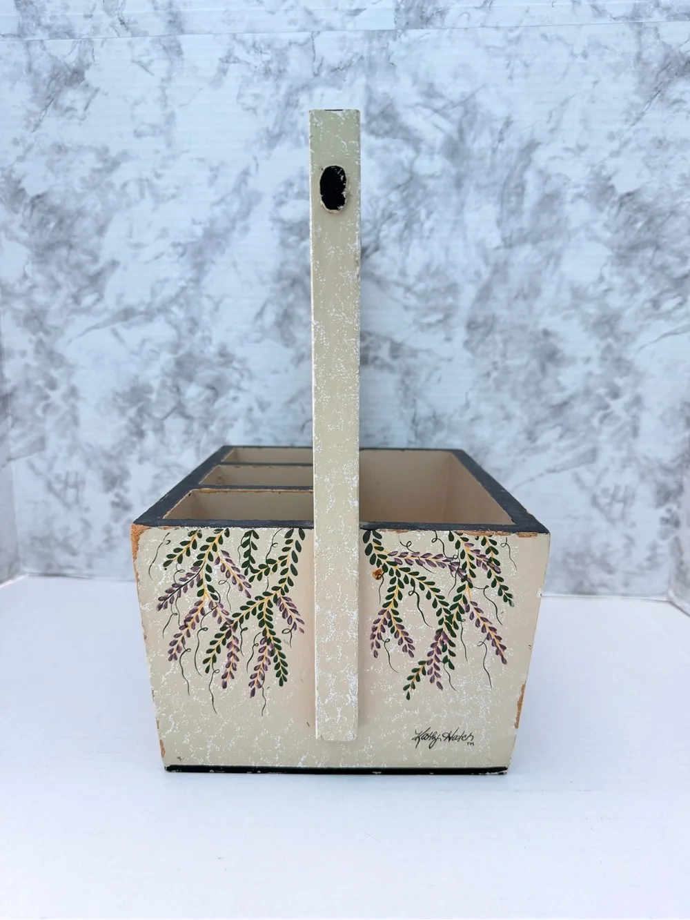 Kathy Hatch Hand-Painted Decorative Wooden Caddy with Scenic Motif